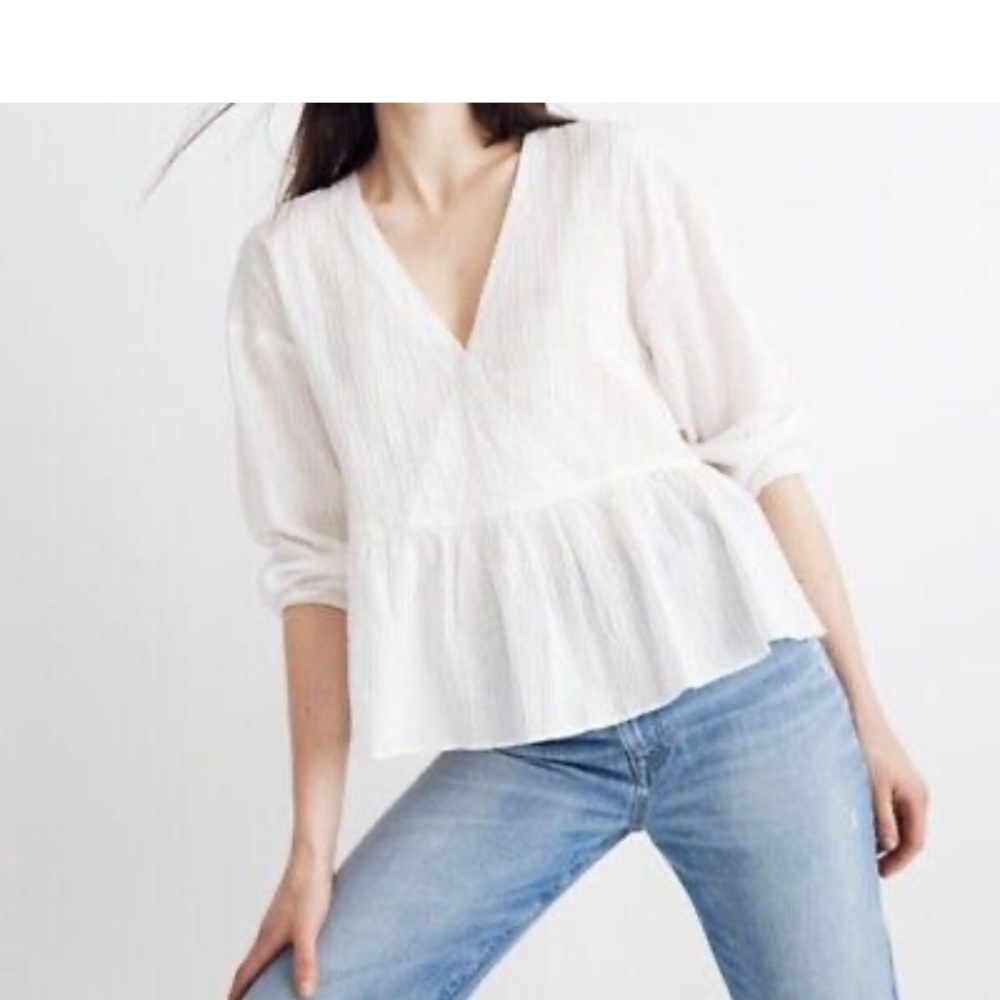 Madewell White Pink Metallic Striped Peplum Top Medium - Picture 2 of 10